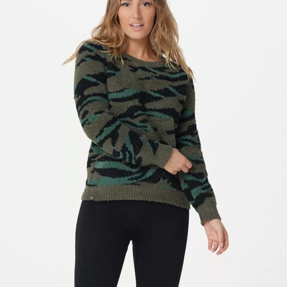 Barefoot Dreams Seaside Crew Neck Pullover Sweater Green Camo Size 1X Women’s
